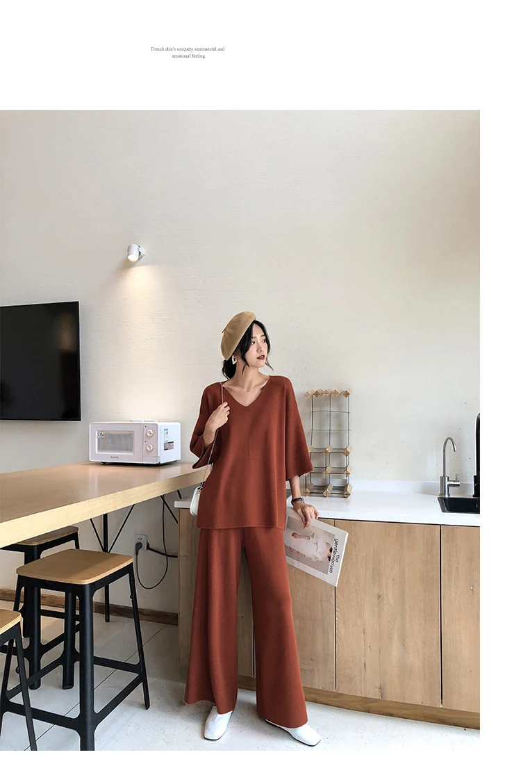 Aseven knitted suits female easing of autumn new fund split wide-legged pants twinset sweater big yards