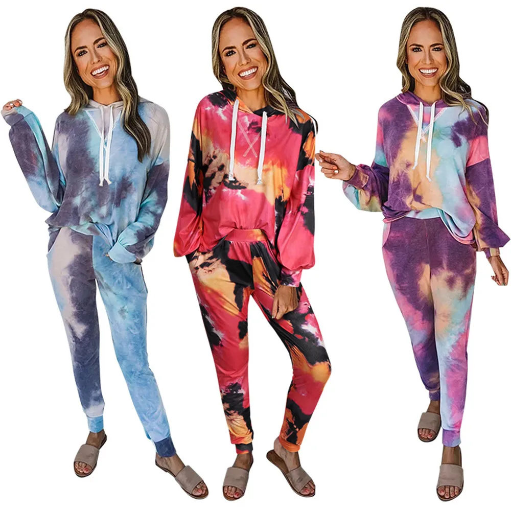 

Tie Dye Hoodie Long Pants Two Pieces Set for Women Loose Long Sleeve Printed Casual Women Tracksuit Fashion Female Suits