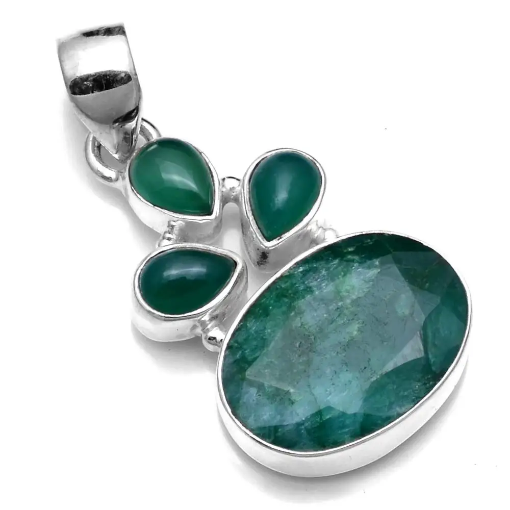 

Genuine Emerald + Green Onyx Pendant 925 Sterling Silver, 64 mm, 2SP0722