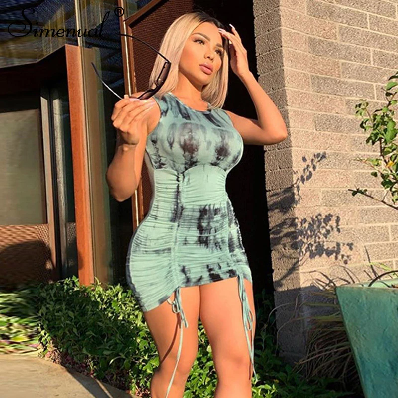 Simenual Drawstring Bandage Party Bodycon Dresses Women Sleeveless Fashion Club Sexy Sundress Skinny Print Tie Dye Mini Dress Simenual Drawstring Bandage Party Bodycon Dresses Women Sleeveless Fashion Club Sexy Sundress Skinny Print Tie Dye Mini Dress