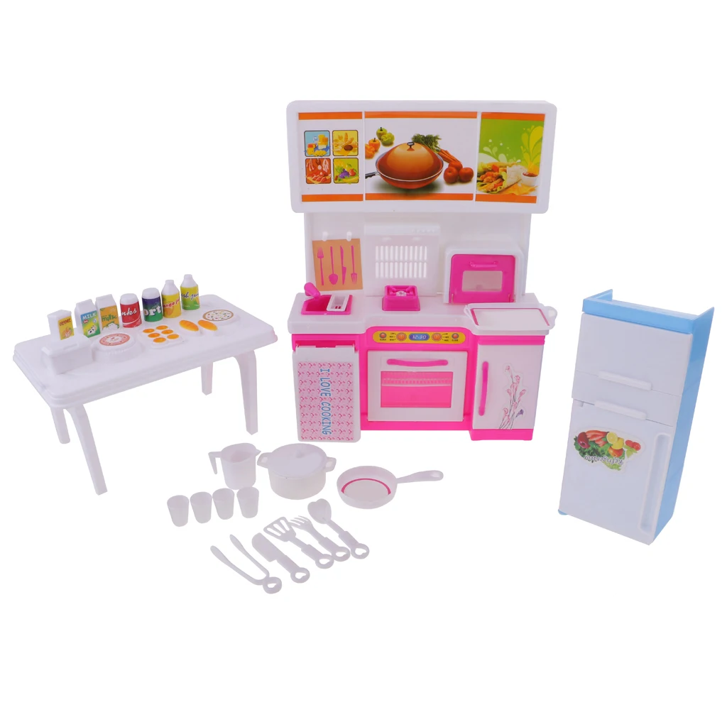 29Pcs Kitchen Refrigerator Cooking Bench Food Drinks Milk Juice Bread Spatula Kitchenware Set For 1/6  Blythe Dolls Accessories