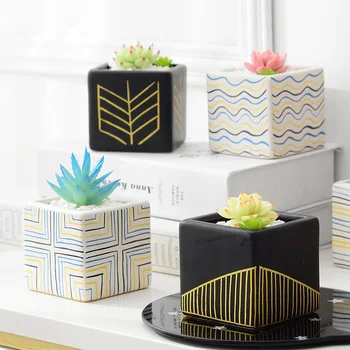 

Matte black white square ceramic flower pot succulent Nordic creative desktop potted plant pots stripe flowerpot home decor
