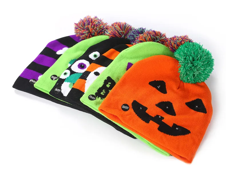 Новые Вечерние светодиодный вязаные шапочки на Хэллоуин, шапка с рисунком тыквы, черепа, Бу, для детей и взрослых, зимние Забавные милые теплые шапки