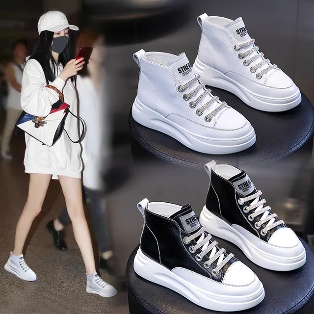 US $24.39 SWONCO Genuine Leathe Ankle High Sneakers Shoes Woman Casual White Shoes 2020 Spring New Female Lea