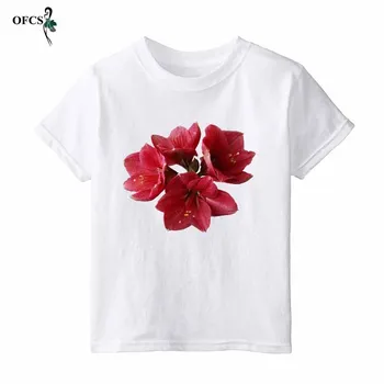 

Kids White Printed Flower Design T Shirt Boys/Girls Casual Kawaii Short Sleeve T_Shirt Tops Children's Funny Clothes 100% Cotton