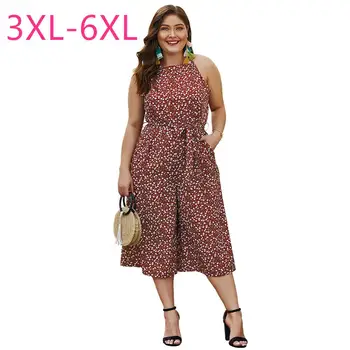 

New summer plus size jumpsuit for women large loose sleeveless off shoulder pocket red floral long jumpsuit belt 3XL 4XL 5XL 6XL