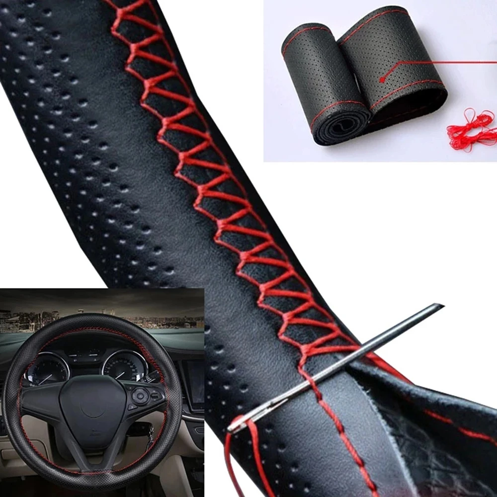 Housses de volant de voiture en cuir souple, couvre-volant universel tressé  avec aiguilles et accessoires d'intérieur à filetage, bricolage - AliExpress