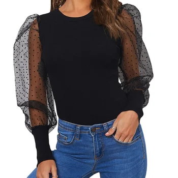 

Hollowing out Puff Sleeve Women's Bodysuit Autumn Long Sleeve Polka Dot Vintage Bodycon Jumpsuit Tops Skinny Mesh Bodysuits