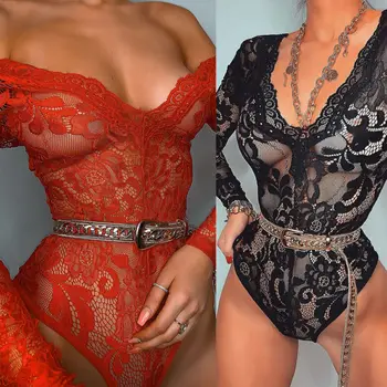 

Women Lace Casual Long Sleeve Floral Body Suit Jumpsuit Romper Jumper Leotard Mesh Top