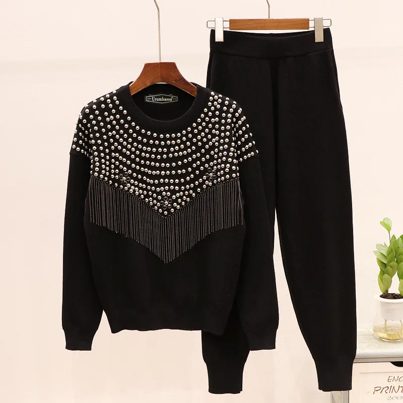 

Chic women's leisure suit 2019 autumn high quality rivet tassels sweaters+knitted pants two pieces set women sweat suit B219