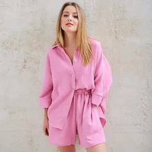 Loose Pajamas Female Three Quater Sleeve 2 Piece Set Turn Down Collar Tops Casual Shorts Sleepwear Women Home Suit Sets