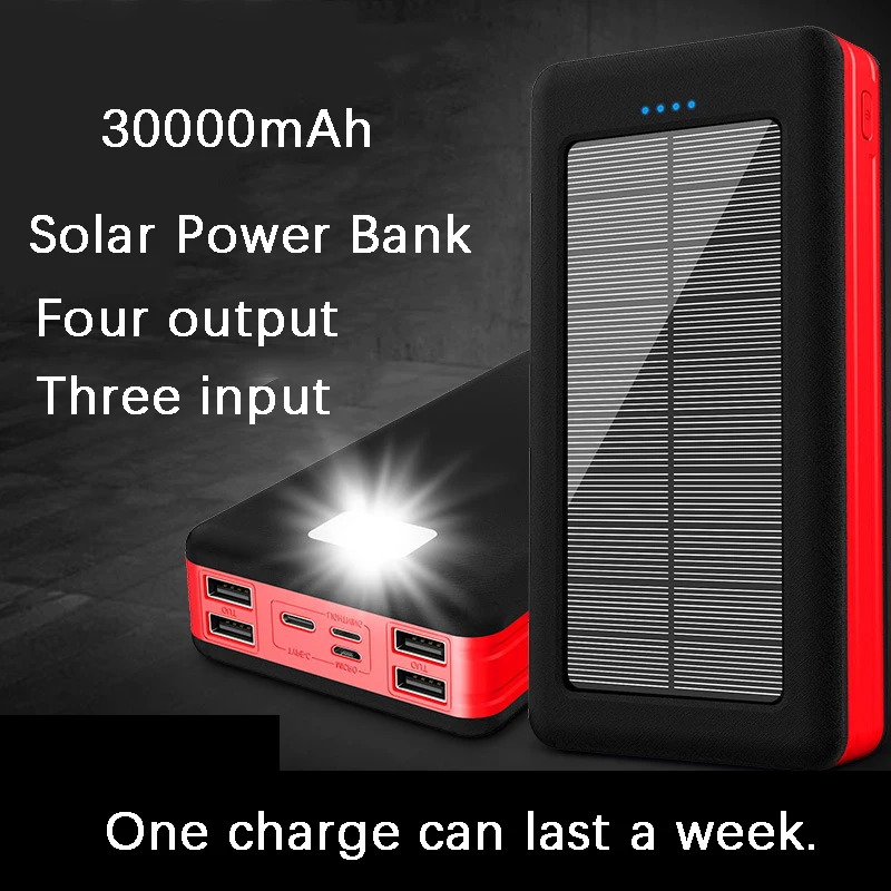 

Xiaomi 30000mAh Solar Power Bank 4 USB Output Three Input Portable Charger Bring LED Phone Accessories 4 Way Fast Charging