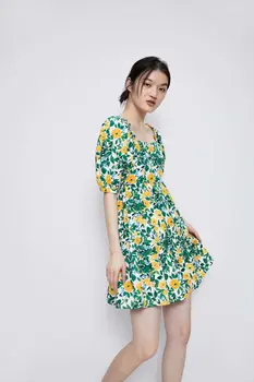 

2020 new Spring Summer European Floral Square Collar Gentle green zaraing women Dress sheining vadiming female dress Bgb2176