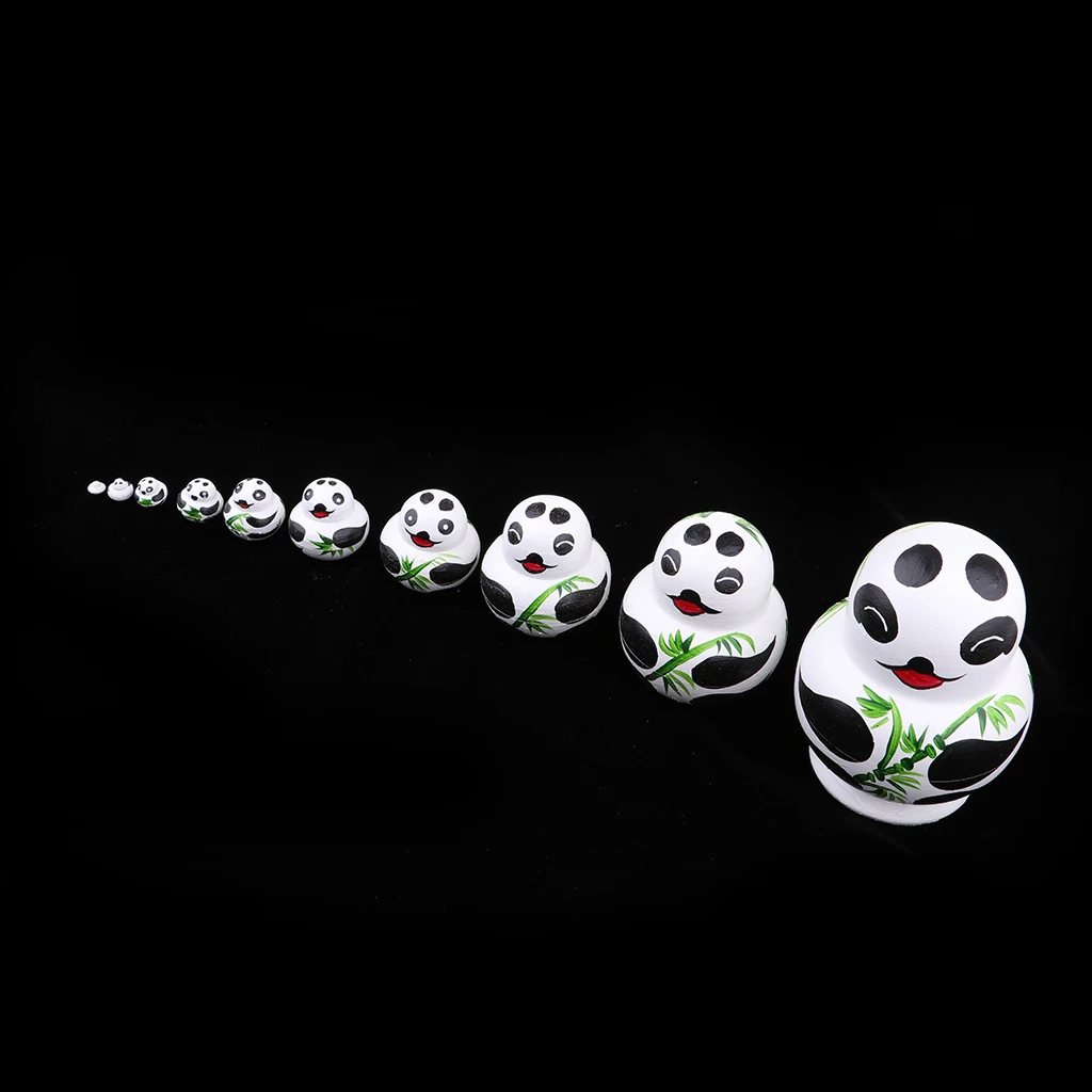 Wooden Russian Nesting Dolls Panda Bamboo Matryoshka Hand Painted 10 Pieces