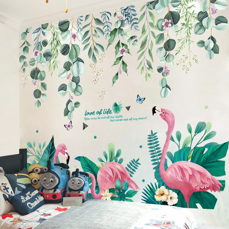 

[shijuekongjian] Green Plant Leaves Wall Sticker DIY Pink Flamingos Animal Mural Decals for House Living Room Bedroom Decoration