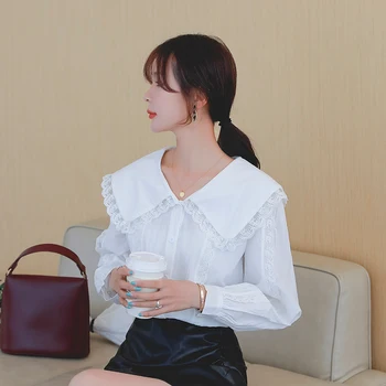 

COIGARSAM Korea Style Lace Shirt Womens tops New Patchwork Loose Lantern Sleeve Women shirts White 6989