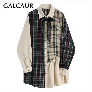 

GALCAUR Patchwork Hit Color Plaid Dress Women Lapel Collar Bowknot Long Sleeve Mini Dresses Female 2020 Autumn Fashion Clothes