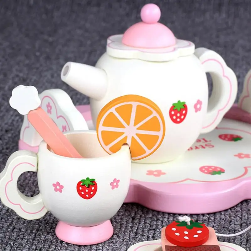 Best Girl Kitchen Creative Ceramic Tea Set Toy Kids Mini Tea Set Wooden Pretend Play With Box Gift Bowl Fruit Slice Cup Tray Spoon