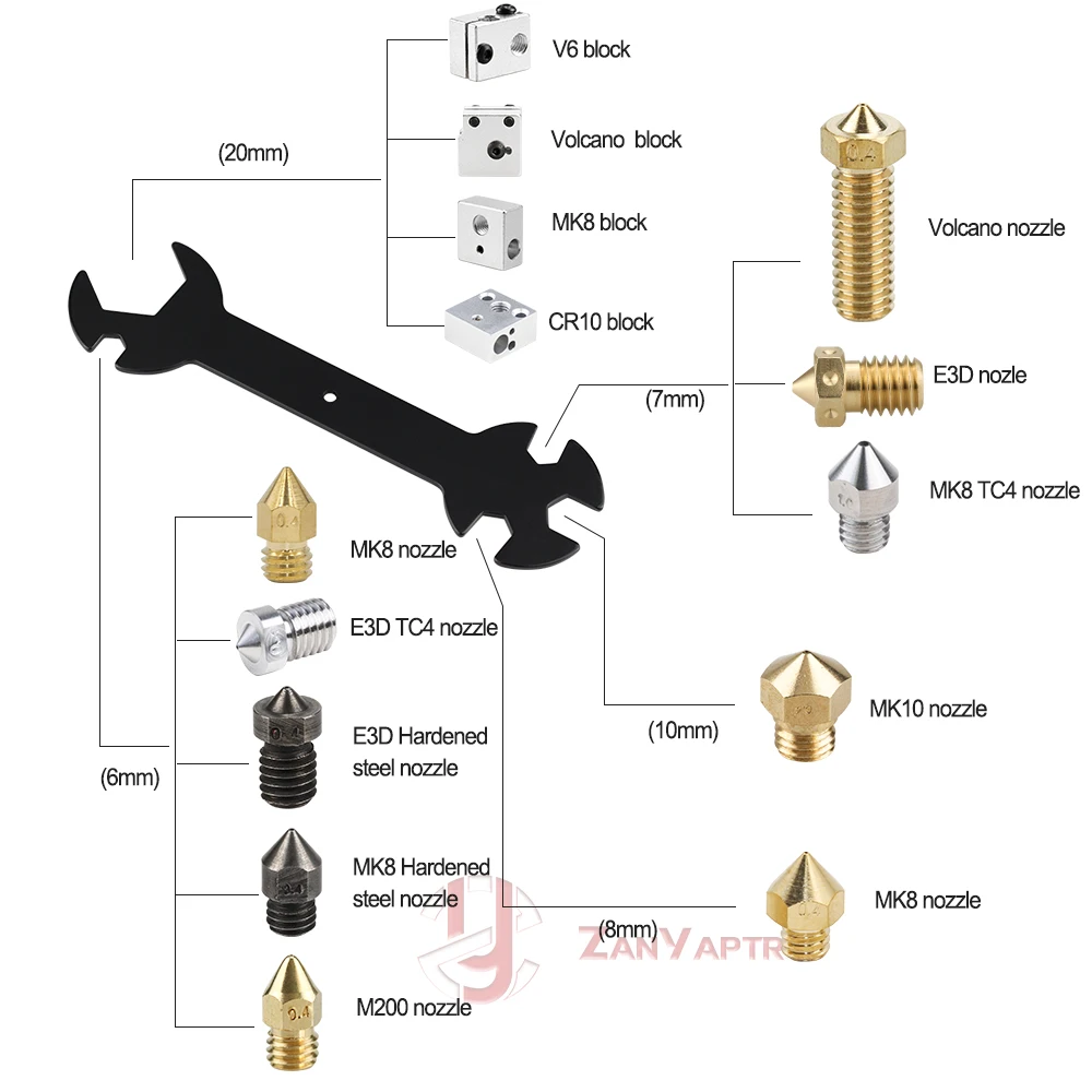 Запчасти для 3D-принтеров, гаечный ключ 5 в 1, гаечный ключ от 6 мм до 20 мм, стальной гаечный ключ, плоский ключ для E3D MK8 MK10, насадка, инструмент