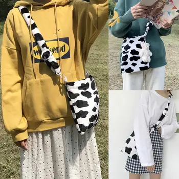 

Plush Cow Pattern Bag Shoulder Lady Crossbody Bag Tote Bag Big School Capacity Satchel Messenger For Student Purse J3O4