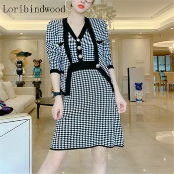 

2020 Autumn Korean Vintage Houndstooth Women Two Piece Sets Suits Long Sleeve Cardigan + Sleeveless Dress Elegant Fashion Sets