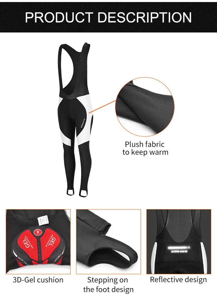 WOSAWE Cycling Bib Pants Thermal Reflective Winter Men Bib Shorts with Braces Cycling Gel Pad MTB Bike Trousers Long Pant
