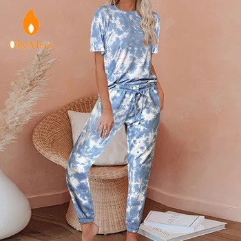 

Tie dye Print Pajamas Sets Women Casual Short Sleeve O Neck T-shirt Drawstring Pants Sleepwear Suit Home Female Nightwear