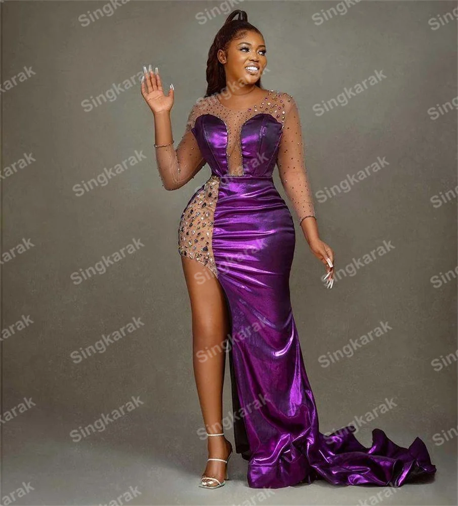 short formal dresses Purple Black Girls Plus Size Prom Dresses 2022 O Neck Crystal Long Sleeves Cocktail Gowns Homecoming  Robe De Soiree purple prom dress