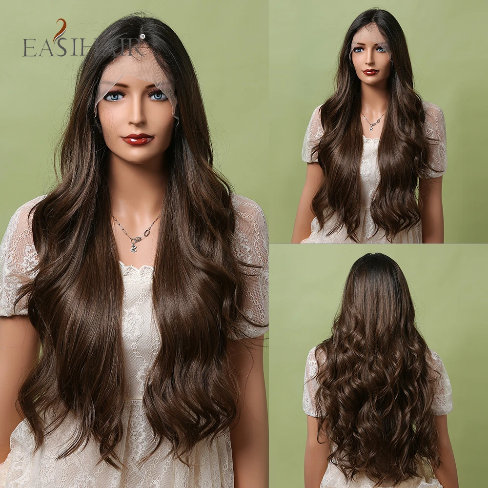 EASIHAIR Ombre Black Dark Brown Lace Front Wigs Middle Part Glueless Long Body Wave Synthetic Lace Hair Wigs for Black Women