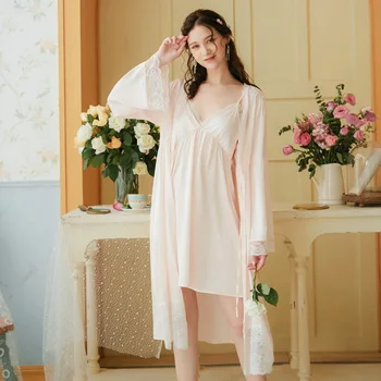 

Long-sleeved Nightgown Suit Ladies Sling V-neck with Chest Padsolid Color Nightdress Simulation Silk Palace Style Lingerie Robe