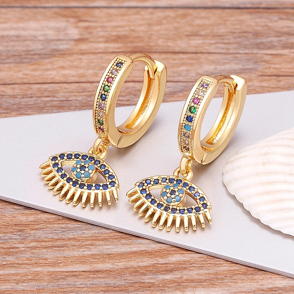 Trendy Bohemian Zircon Hollow Blue Evil Eye Hoop Earrings for Women Cute Unique Gold Color Crystal Drop Earrings Party Jewelry