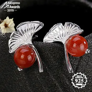 

S925 Fine Jewelry Stud Earrings maple leaves Women red stud Canadian Vintage Natural Retro Exquisite jasper