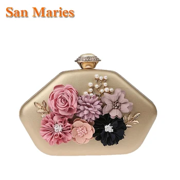 

San Maries Lovely 3D Flower Women Clutch Evening Bags Bridal Handbags Pearl Purses Wedding Party Dinner Wallet Make Up Bag