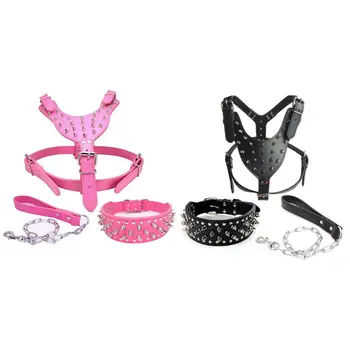 

3pcs/set Spiked Studded Soft Leather Dog Harness Collar Chain Walking Training