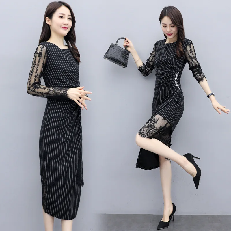 

2020 New Style WOMEN'S Dress Spring Waist Hugging Explicit Thin Long Skirt Debutante Elegant Stripes Joint Lace Dress