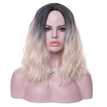 

Medium Length Wavy Synthetic Ombre Black Blonde Hair Wigs For Women With Middle Part Cosplay Natural Daily Wig BY115