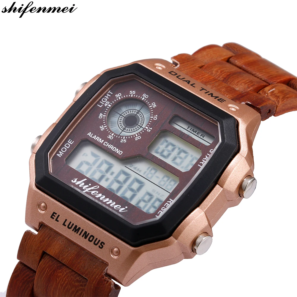 

Shifenmei S5552 new square retro Men wooden Watch relogio feminino Night Vision Digital Mens Watches relojes Relogio Masculino