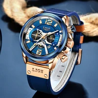 LIGE-Reloj analógico con correa de cuero para Hombre, accesorio de pulsera resistente al agua con cronógrafo, complemento masculino deportivo de marca de lujo con diseño moderno en color azul, 2021