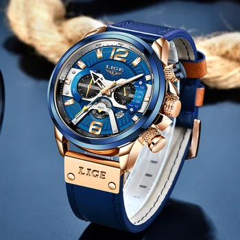 LIGE-relojes de cuero azul para Hombre, cronógrafo deportivo, resistente al agua, con fecha, 2021