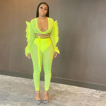 

SEASONS Mesh Sexy Two Piece Set Women v-neck Bandage full sleeve Crop Top High Waist Pants Fashion Slim Streetwear ASSU80983