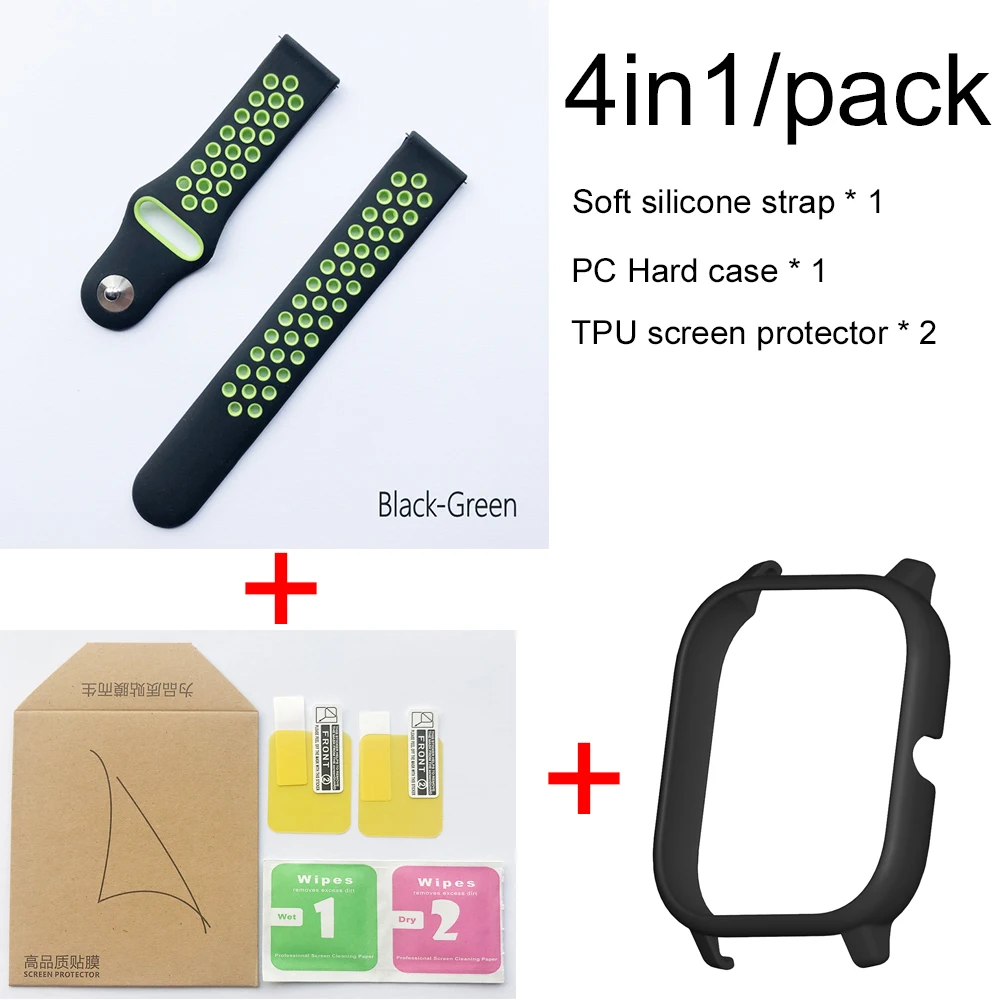 Black green-black 4в1 для Xiaomi Huami Amazfit GTS спортивный силиконовый ремешок для часов Ремешок Браслет с PC чехол Защита экрана - Color: Black green-black