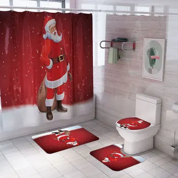 

NEW Christmas Non Slip Shower Curtain Carpet Mat Combination Bathroom Toilet Mat Bathroom Curtain Set
