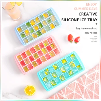 

24 Grid With Lid DIY Ice Box Square Edible Silicone Ice Tray Maker Mold Soft Silicon Ice Cube Mold For Whis BPA Free Ice Box