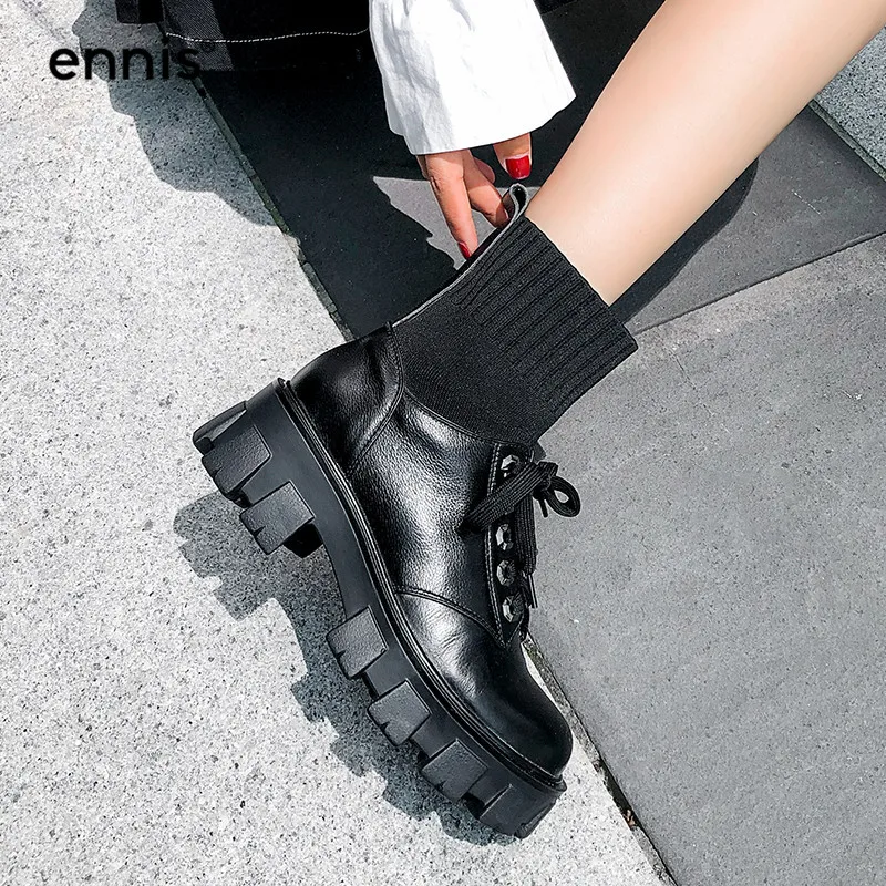 

ENNIS Brand Black White Lace Up Ankle Boots Female Genuine Leather Women Boots Platform Knitted Shoes Thcik Sole Boots New A9149