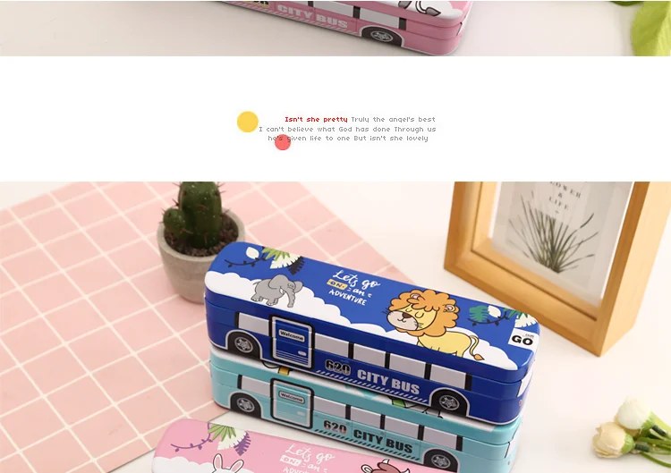 Creative bus stationery box multi-function pencil box iron box children's school supplies men and women students double-layer p