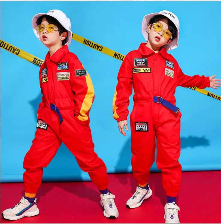 Детская одежда в стиле хип-хоп с длинными рукавами синий, красный Свободный спортивный костюм, комбинезоны для девочек и мальчиков, костюмы для джазовых танцев, Одежда для танцев - Цвет: Красный