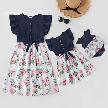 

Family Matching Outfits Adult Kids Dress Baby Romper Flower Splicing Mother Daughter Clothes Flying Sleeve Cotton