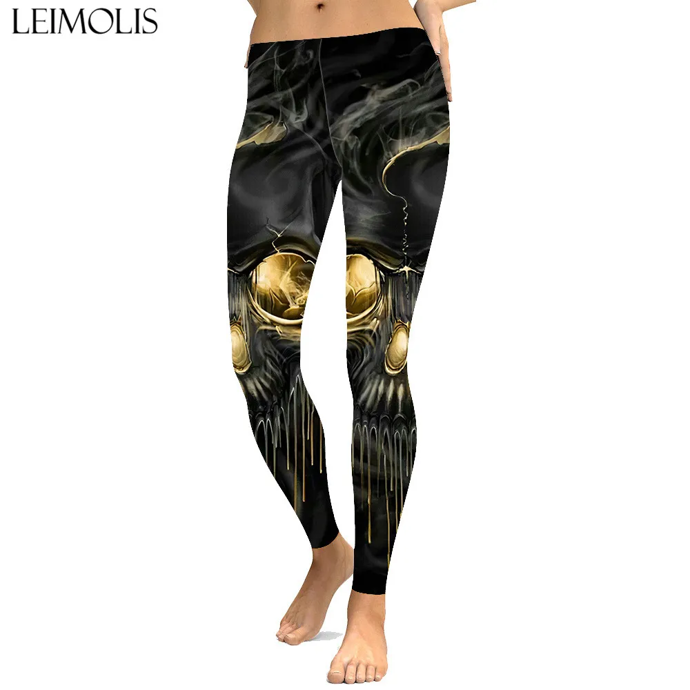 

LEIMOLIS sexy gothic Smoke Skull black print push up leggings plus size women fitness workout punk high waist spandex leggins