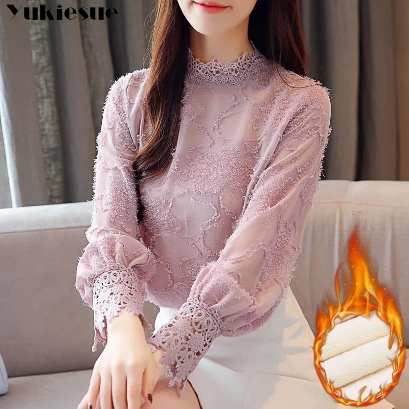 Chiffon Blouse Lace Women Tops Long-Sleeve Shirt Blusas Plus-Size Winter Fashion Thick