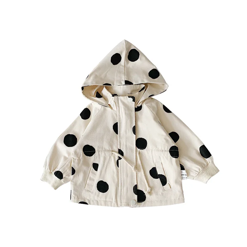 Cena 2019 jesień nowy Childrenpolka Dot płaszcz z kapturem Joker płaszcz dla Cute Baby dla dzieci Drawsring kurtka niemowlę maluch dziecko tkaniny